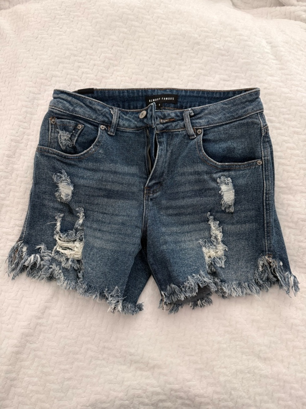 Almost Famous Frayed Distressed Indigo Denim Shorts